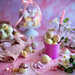 Pink-themed dessert setup with truffles, flowers, and pastel decorations for a spring celebration.