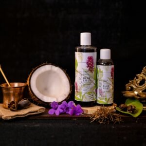 Natural hair growth products with Ayurvedic ingredients and traditional Indian elements.